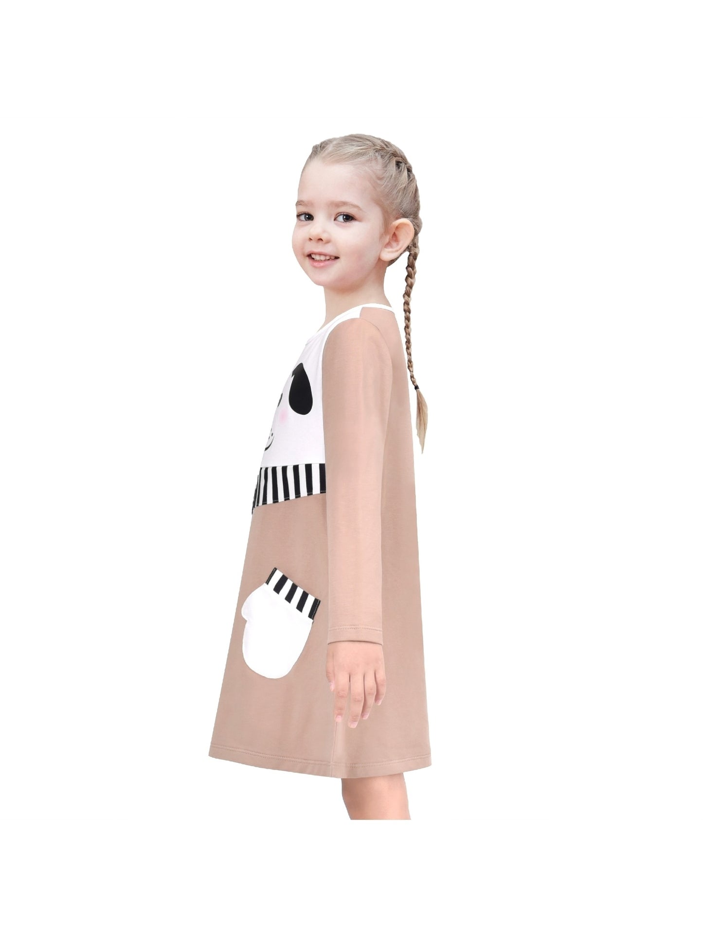 Girls Dress Long Sleeve Cotton Cartoon Sequins Pink Striped Dress Beige