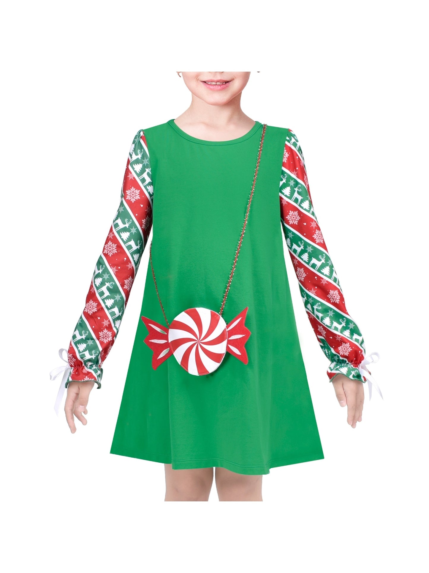 Girls Casual Dress Cotton Long Sleeve Kite Cloud Embroidered Green