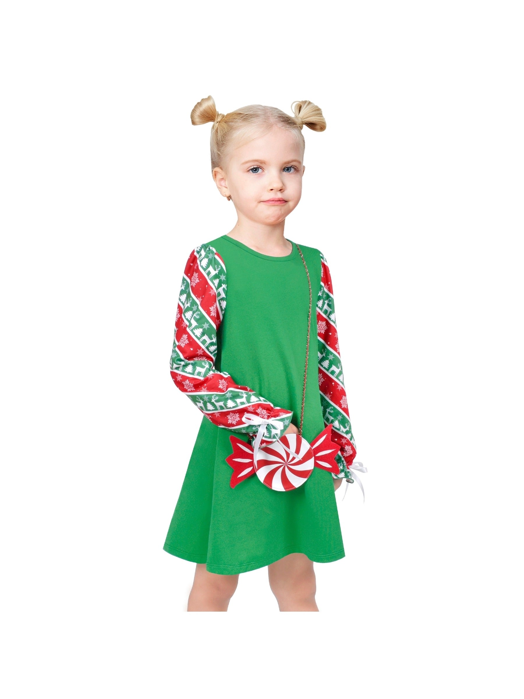 Girls Casual Dress Cotton Long Sleeve Kite Cloud Embroidered Green