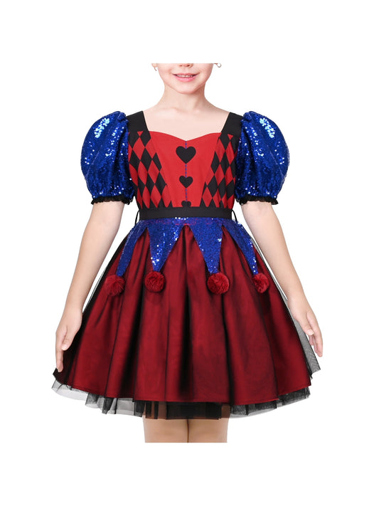 Girls Dress Red Blue Clown Check Heart Halloween Party Puff Sleeve Tulle Red