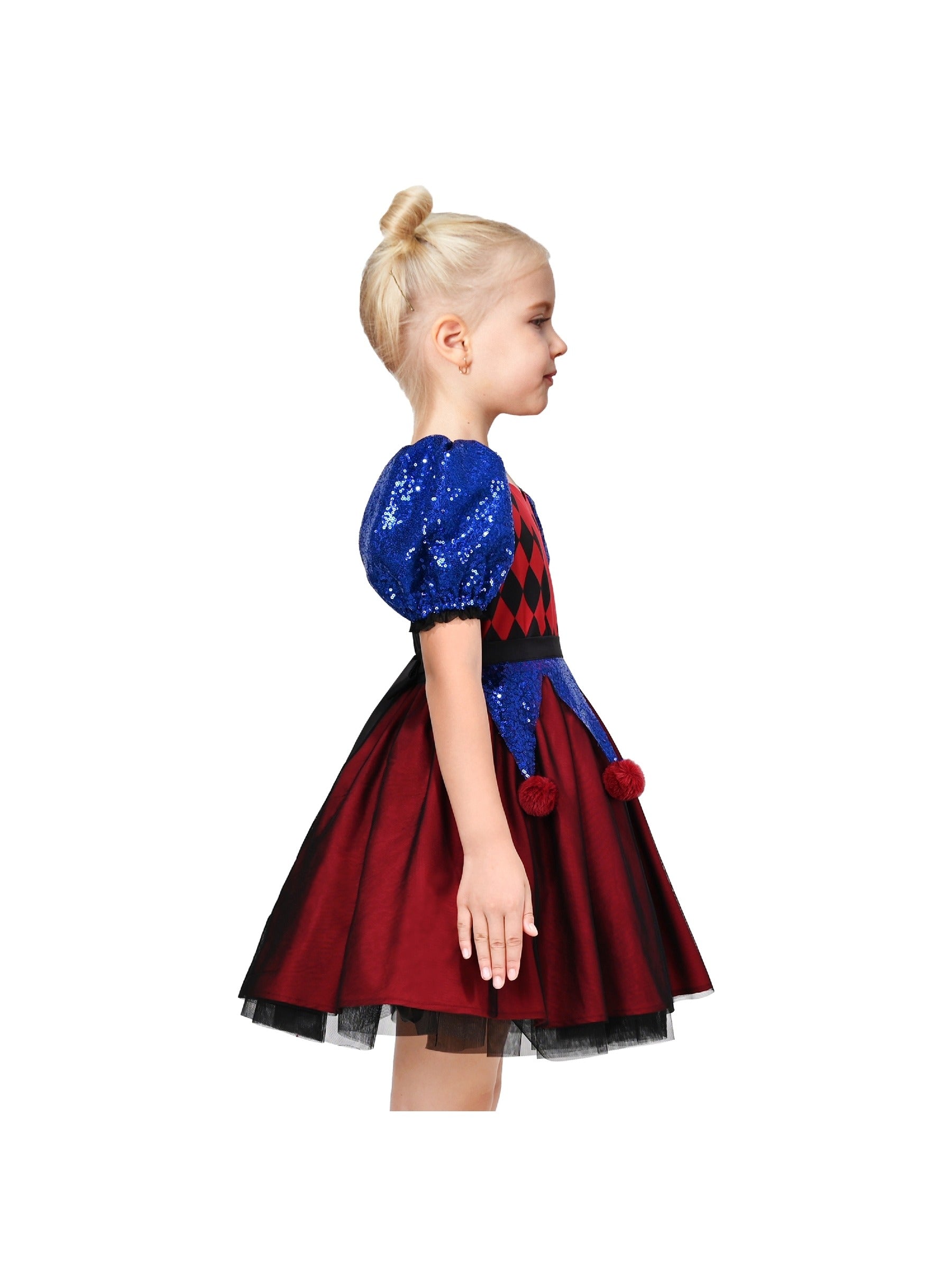 Girls Dress Red Blue Clown Check Heart Halloween Party Puff Sleeve Tulle Red