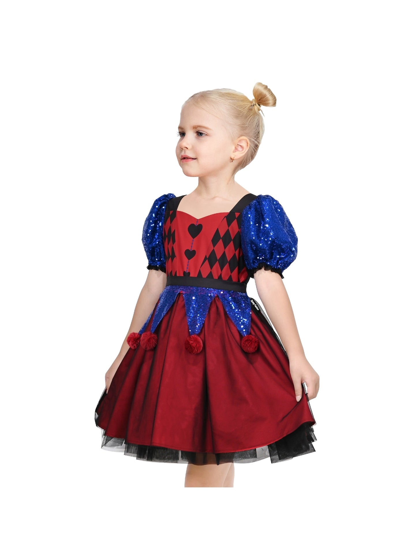 Girls Dress Red Blue Clown Check Heart Halloween Party Puff Sleeve Tulle Red