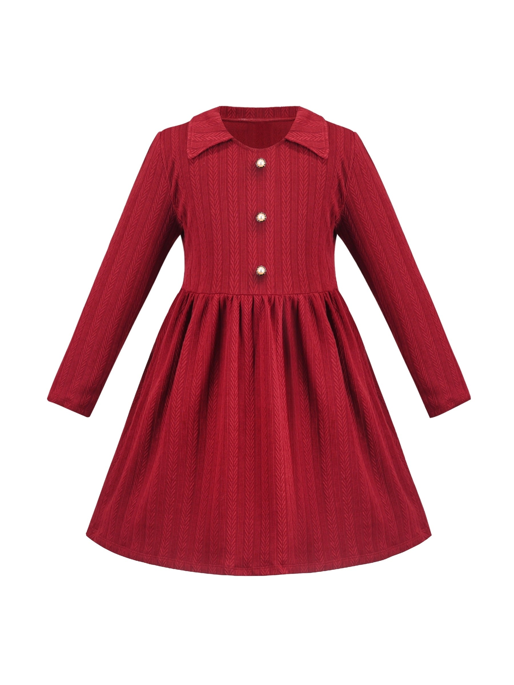 Girls Dress Rose Pink Cable Knit Striped Casual Long Sleeve Cotton Red