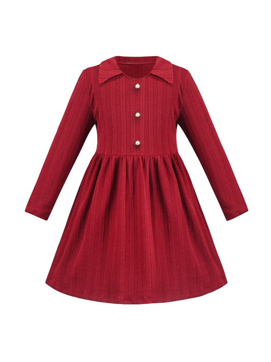 Girls Dress Rose Pink Cable Knit Striped Casual Long Sleeve Cotton Red