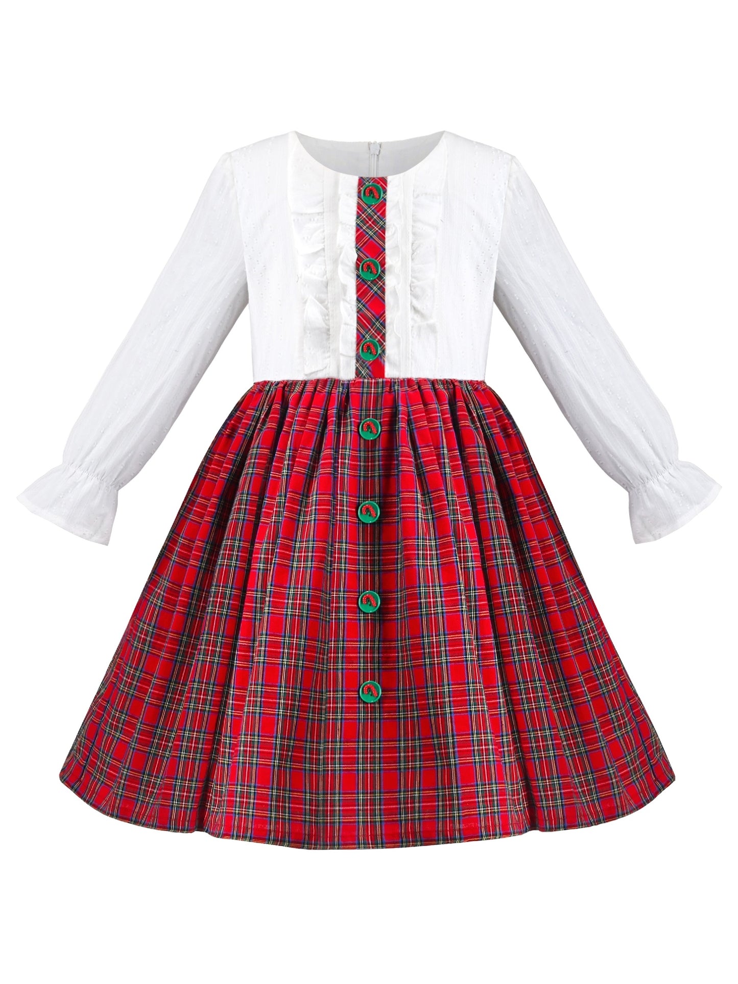Girls Dress Red Plaid Stand Collar Vintage Pearl Button Long Sleeve Red