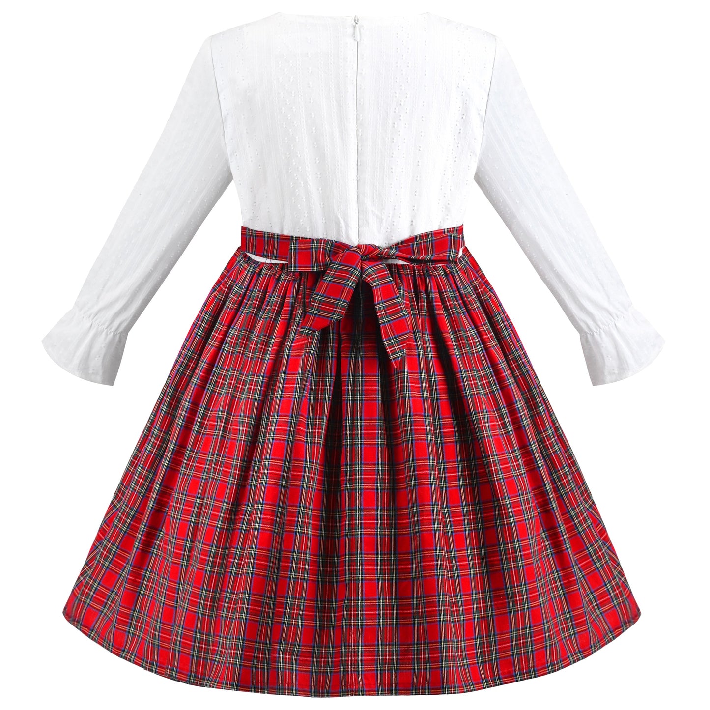 Girls Dress Red Plaid Stand Collar Vintage Pearl Button Long Sleeve Red