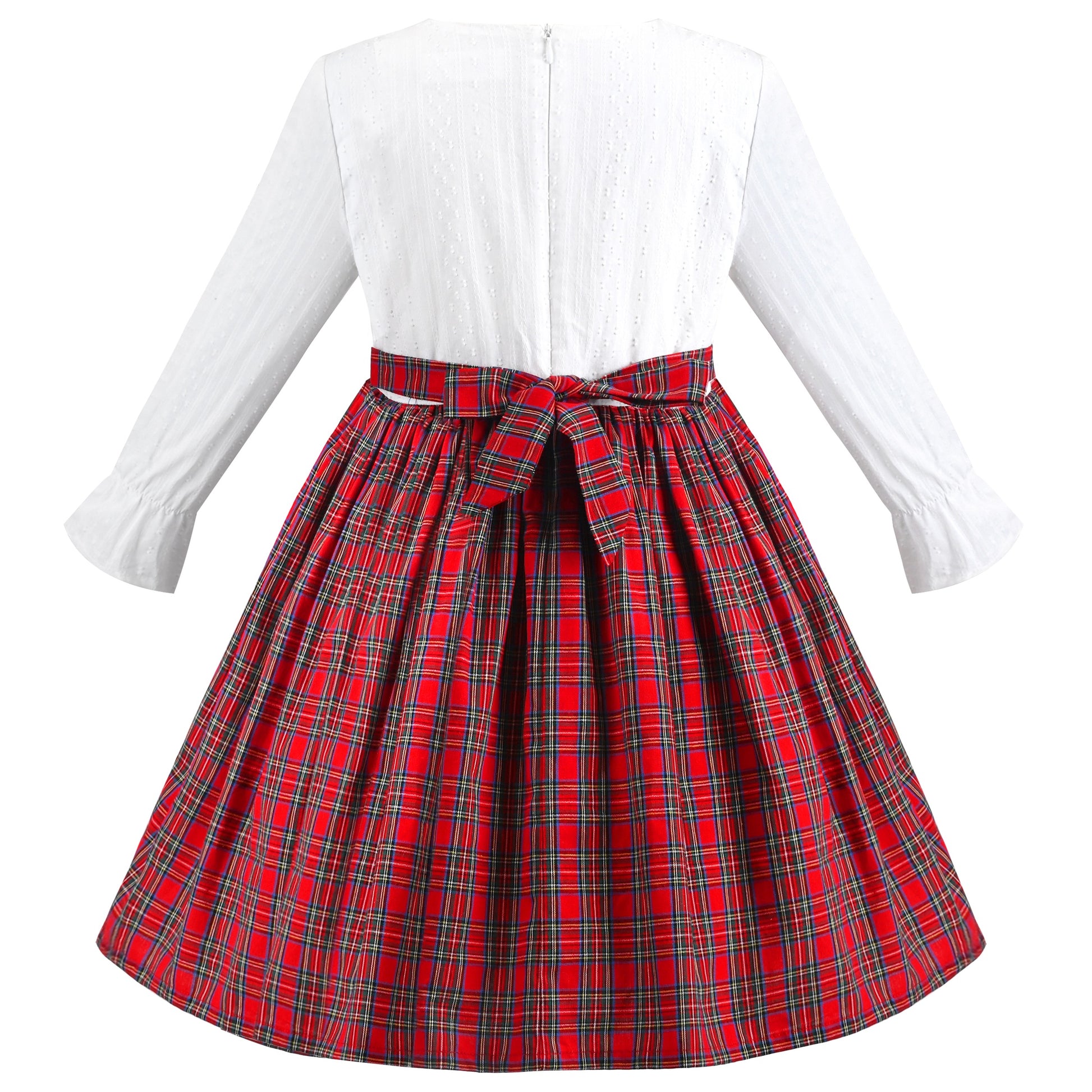 Girls Dress Red Plaid Stand Collar Vintage Pearl Button Long Sleeve Red