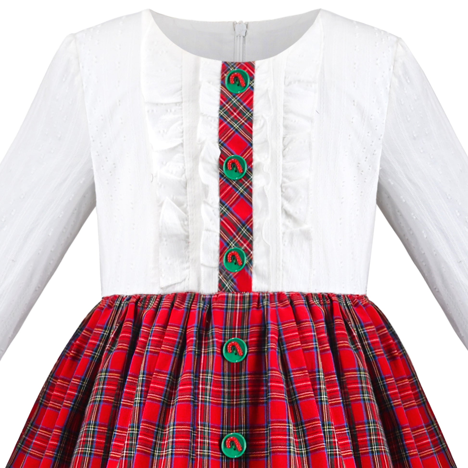 Girls Dress Red Plaid Stand Collar Vintage Pearl Button Long Sleeve Red