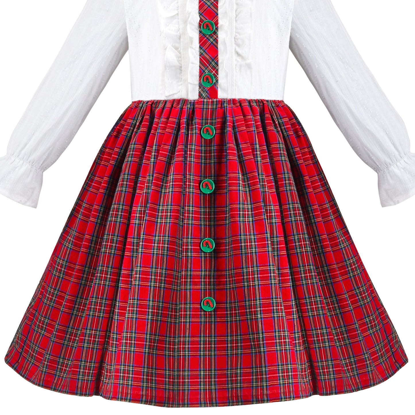 Girls Dress Red Plaid Stand Collar Vintage Pearl Button Long Sleeve Red