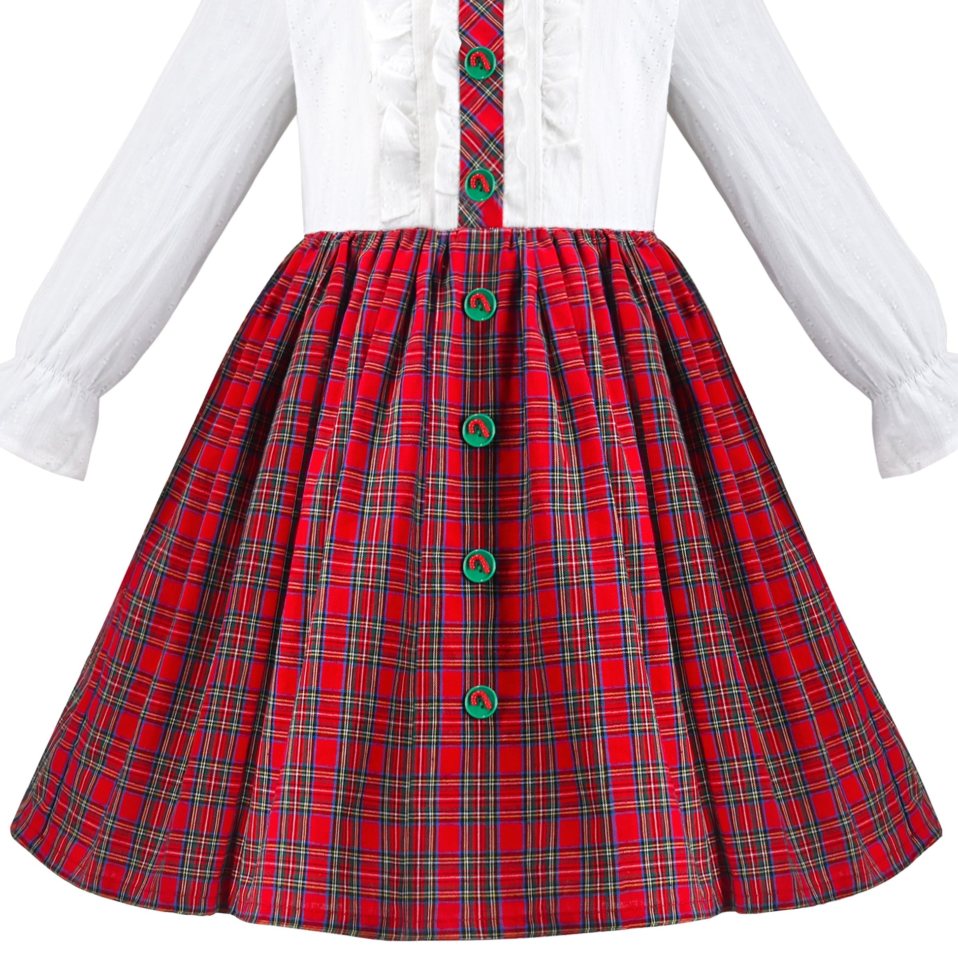 Girls Dress Red Plaid Stand Collar Vintage Pearl Button Long Sleeve Red