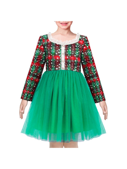 Girls Dress Green Pearl Pocket Sequin Classic Elegant Xmas Long Sleeve - Green Plaid Checks