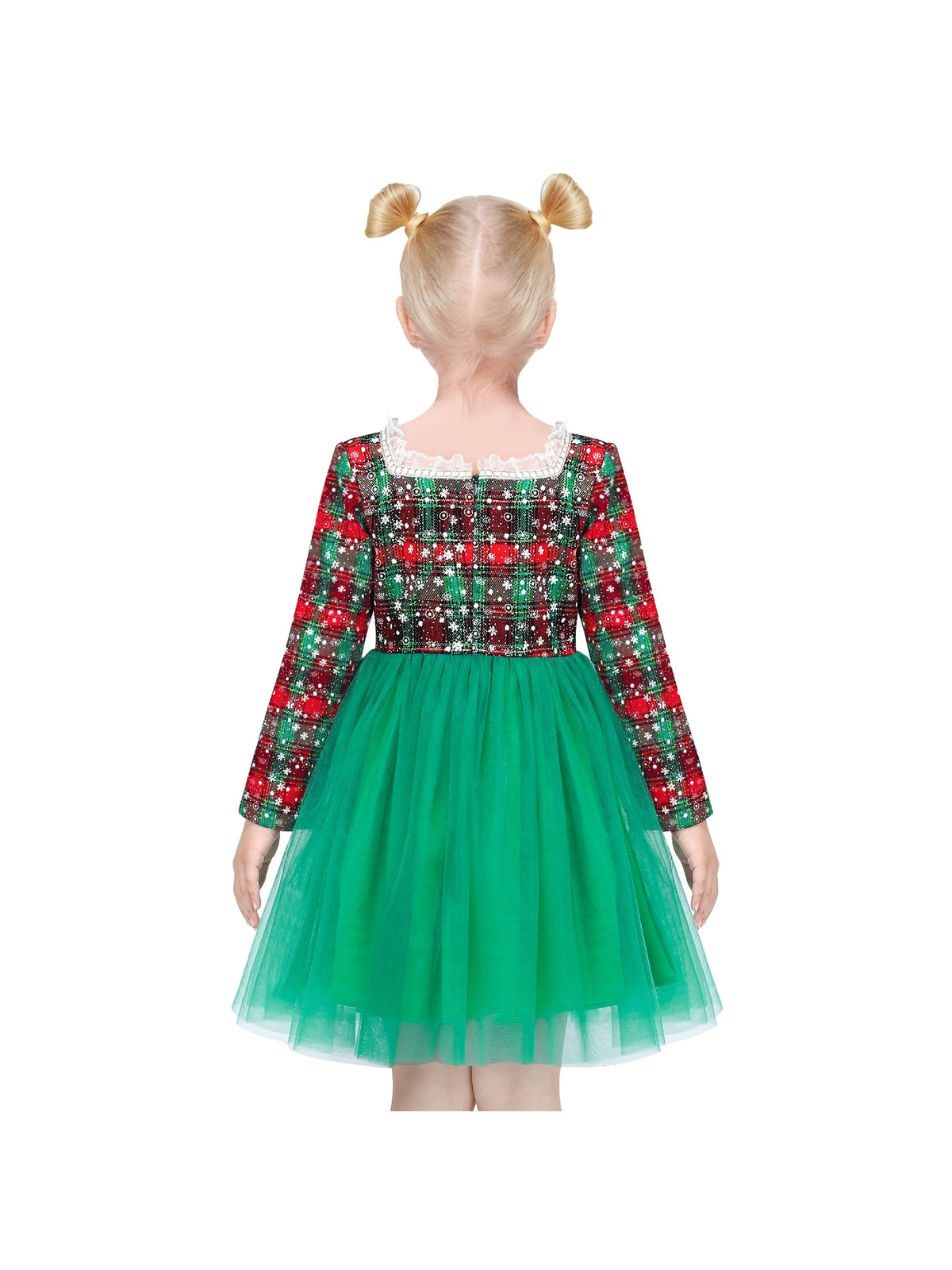 Girls Dress Green Pearl Pocket Sequin Classic Elegant Xmas Long Sleeve - Green Plaid Checks