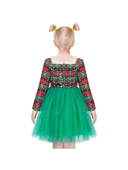Girls Dress Green Pearl Pocket Sequin Classic Elegant Xmas Long Sleeve - Green Plaid Checks