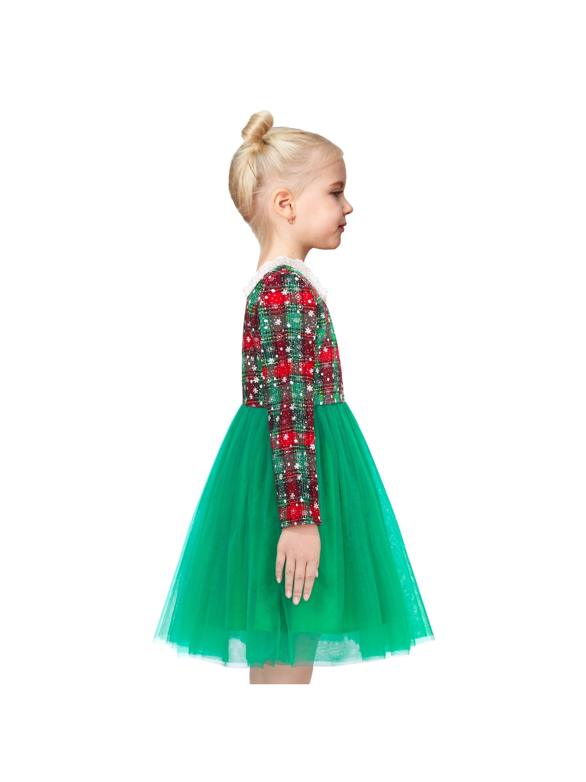 Girls Dress Green Pearl Pocket Sequin Classic Elegant Xmas Long Sleeve - Green Plaid Checks