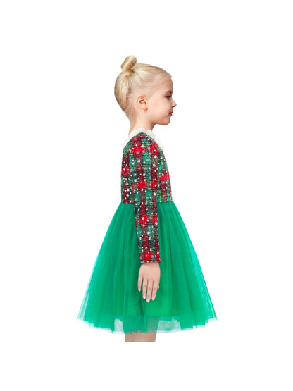Girls Dress Green Pearl Pocket Sequin Classic Elegant Xmas Long Sleeve - Green Plaid Checks