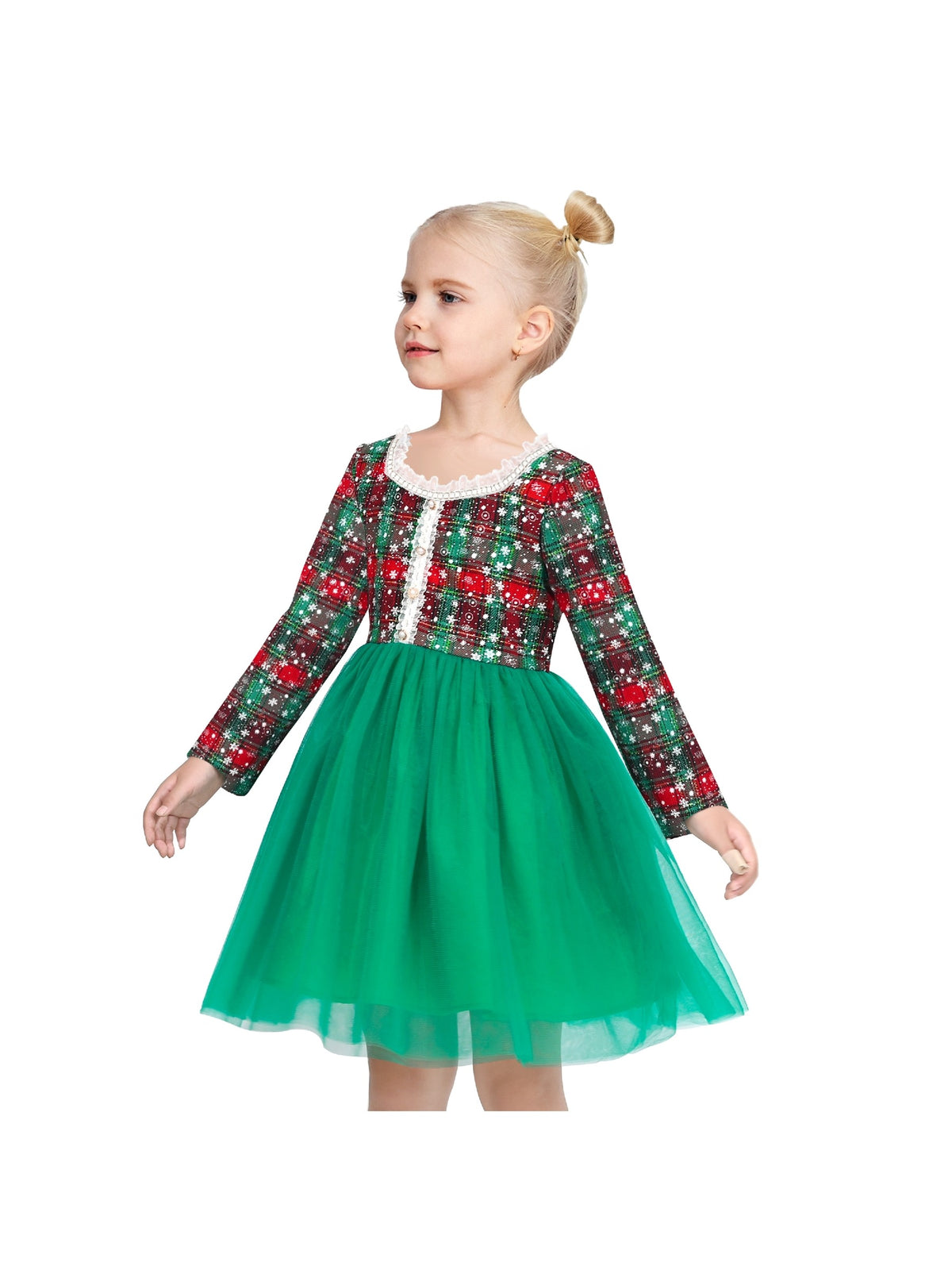 Girls Dress Green Pearl Pocket Sequin Classic Elegant Xmas Long Sleeve - Green Plaid Checks