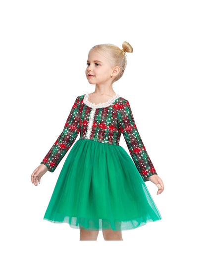 Girls Dress Green Pearl Pocket Sequin Classic Elegant Xmas Long Sleeve - Green Plaid Checks