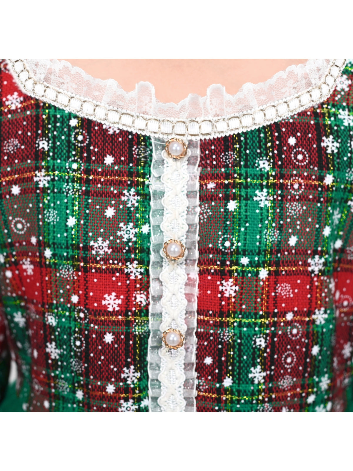 Girls Dress Green Pearl Pocket Sequin Classic Elegant Xmas Long Sleeve - Green Plaid Checks