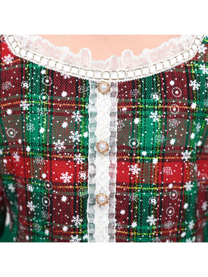 Girls Dress Green Pearl Pocket Sequin Classic Elegant Xmas Long Sleeve - Green Plaid Checks
