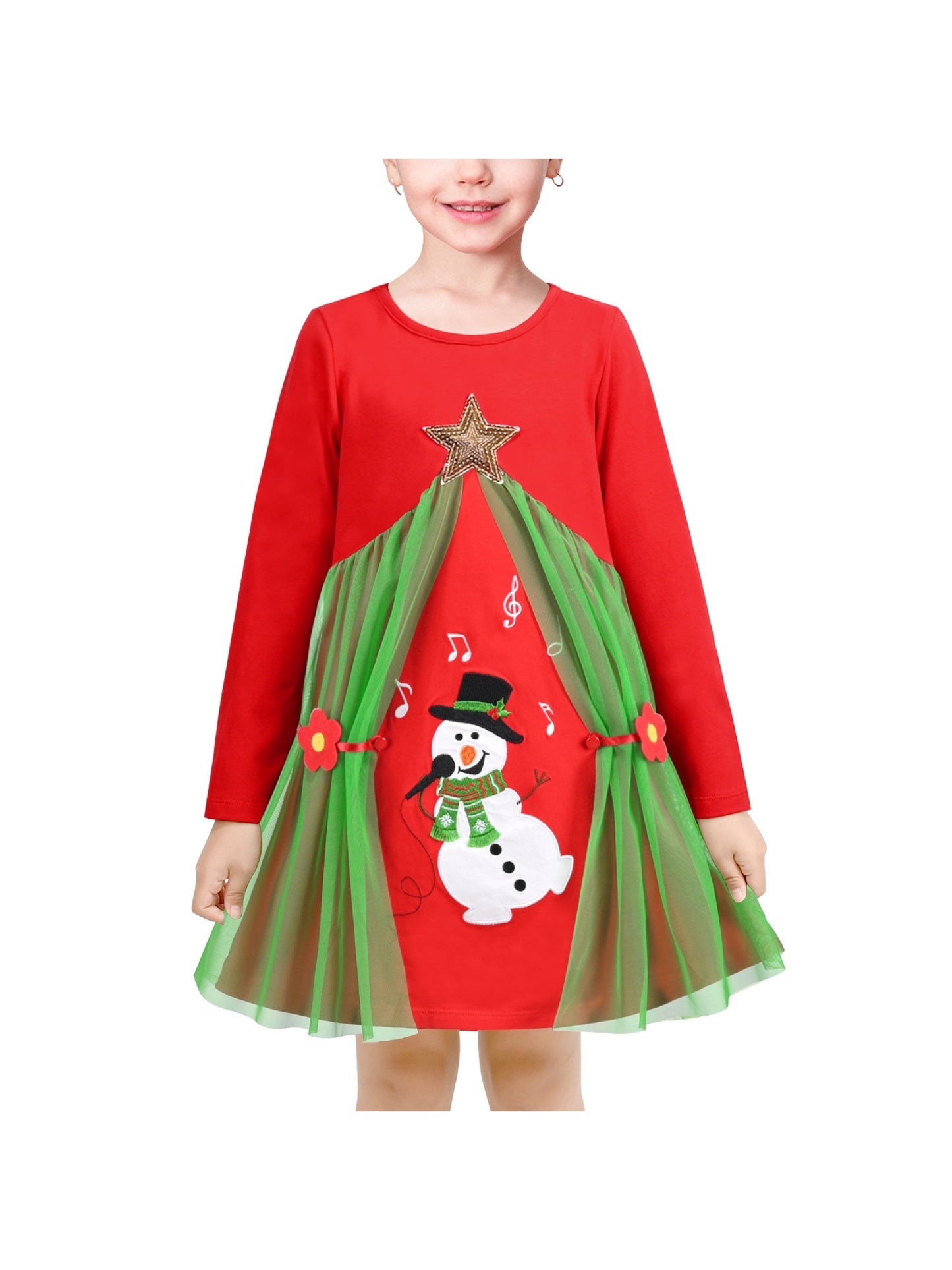 Girls Casual Dress Cotton Long Sleeve Kite Cloud Embroidered Red