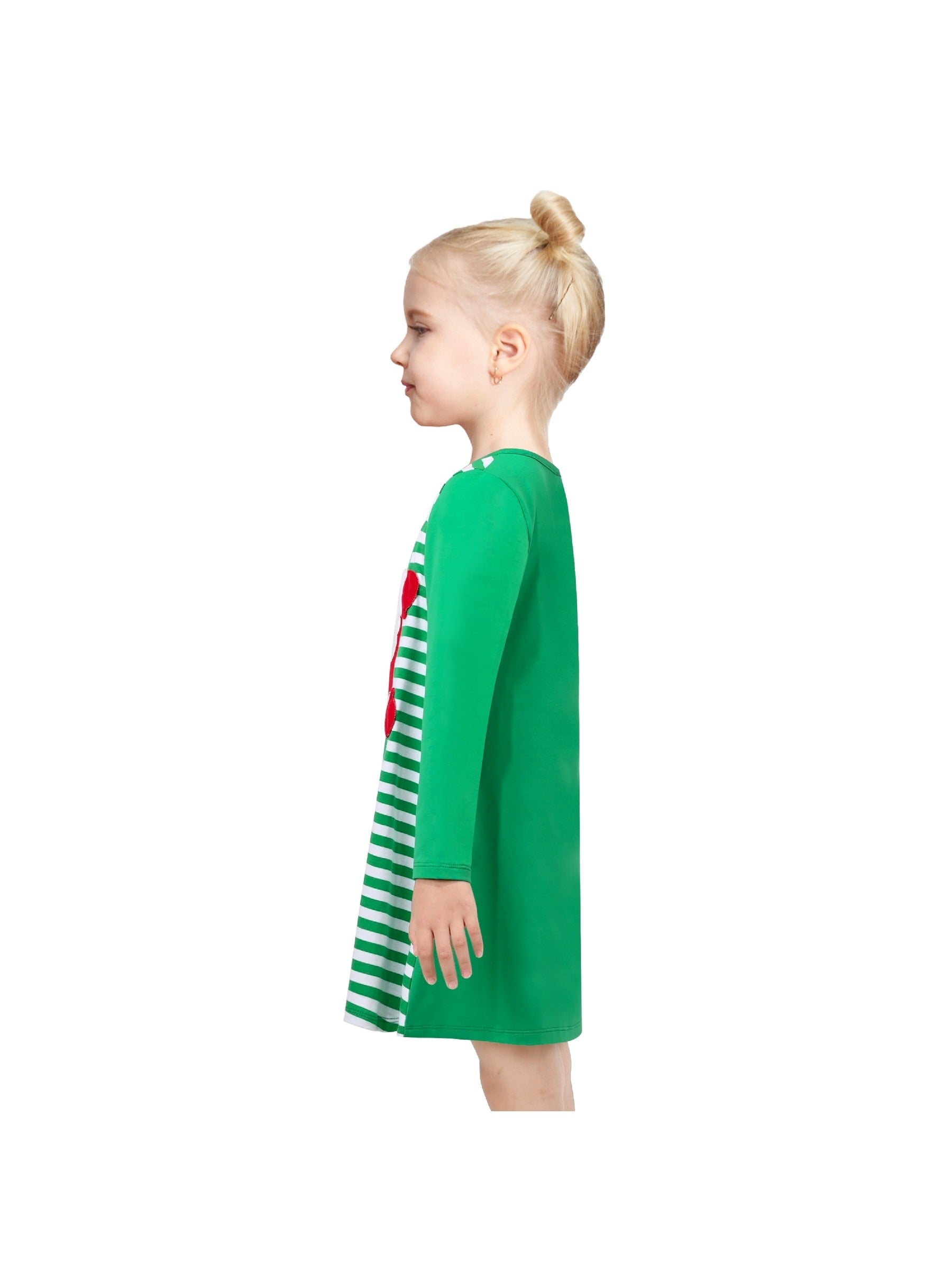 Girls Casual Dress Cotton Long Sleeve Kite Cloud Embroidered Green