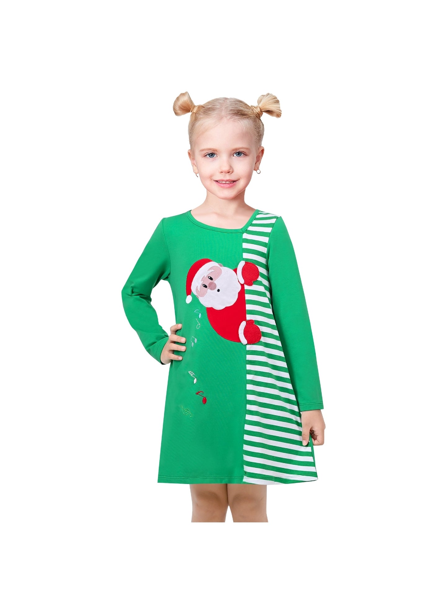 Girls Casual Dress Cotton Long Sleeve Kite Cloud Embroidered Green