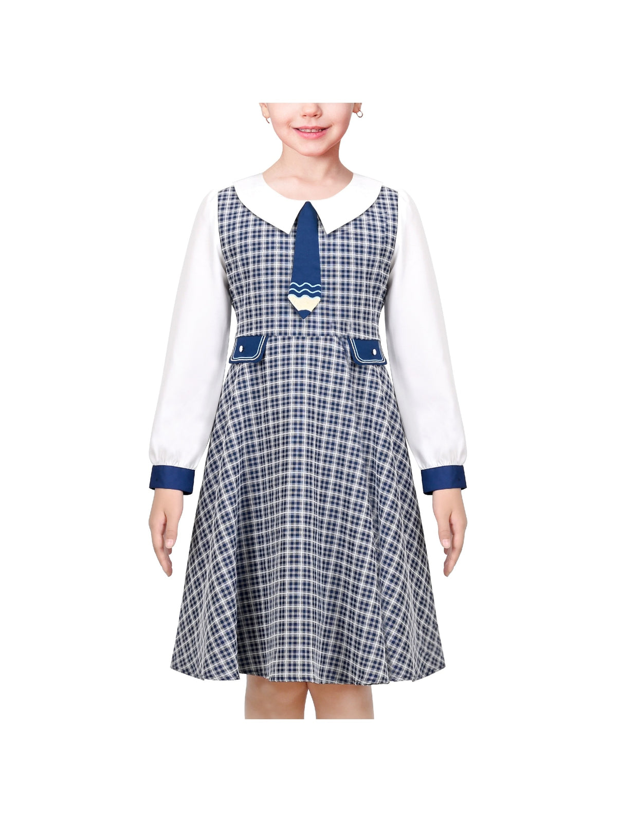 Girls Dress White Collar Back School Cotton Casual - Blue Plaid