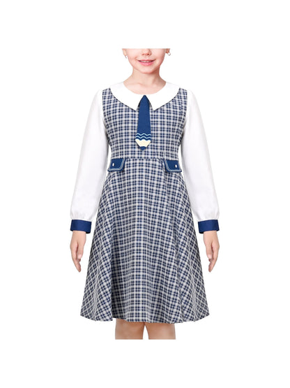 Girls Dress White Collar Back School Cotton Casual - Blue Plaid