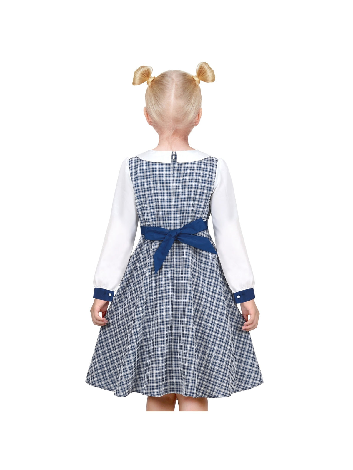 Girls Dress White Collar Back School Cotton Casual - Blue Plaid