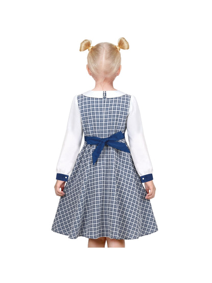 Girls Dress White Collar Back School Cotton Casual - Blue Plaid