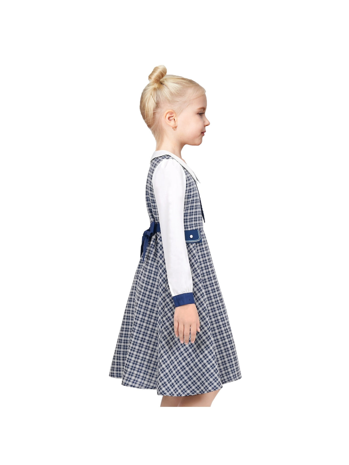 Girls Dress White Collar Back School Cotton Casual - Blue Plaid