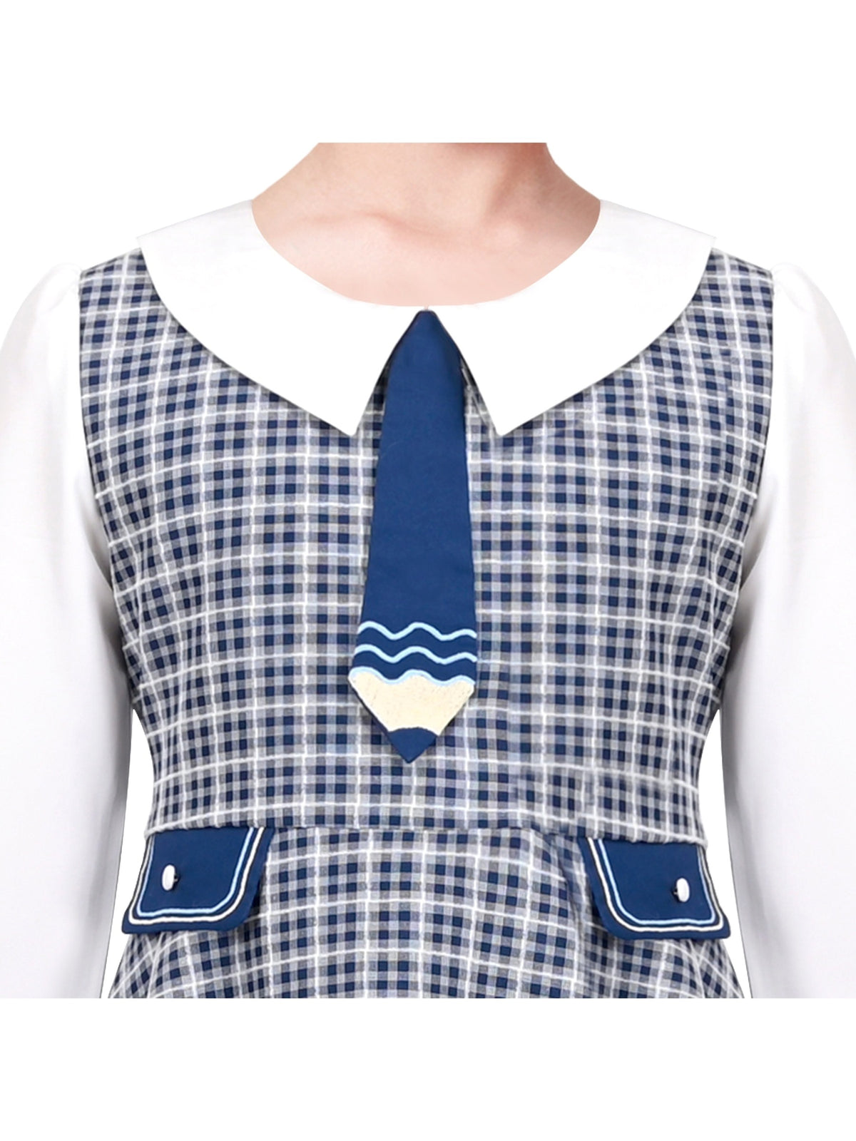 Girls Dress White Collar Back School Cotton Casual - Blue Plaid