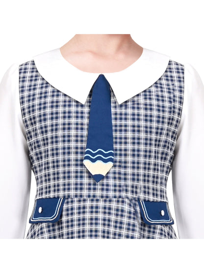Girls Dress White Collar Back School Cotton Casual - Blue Plaid