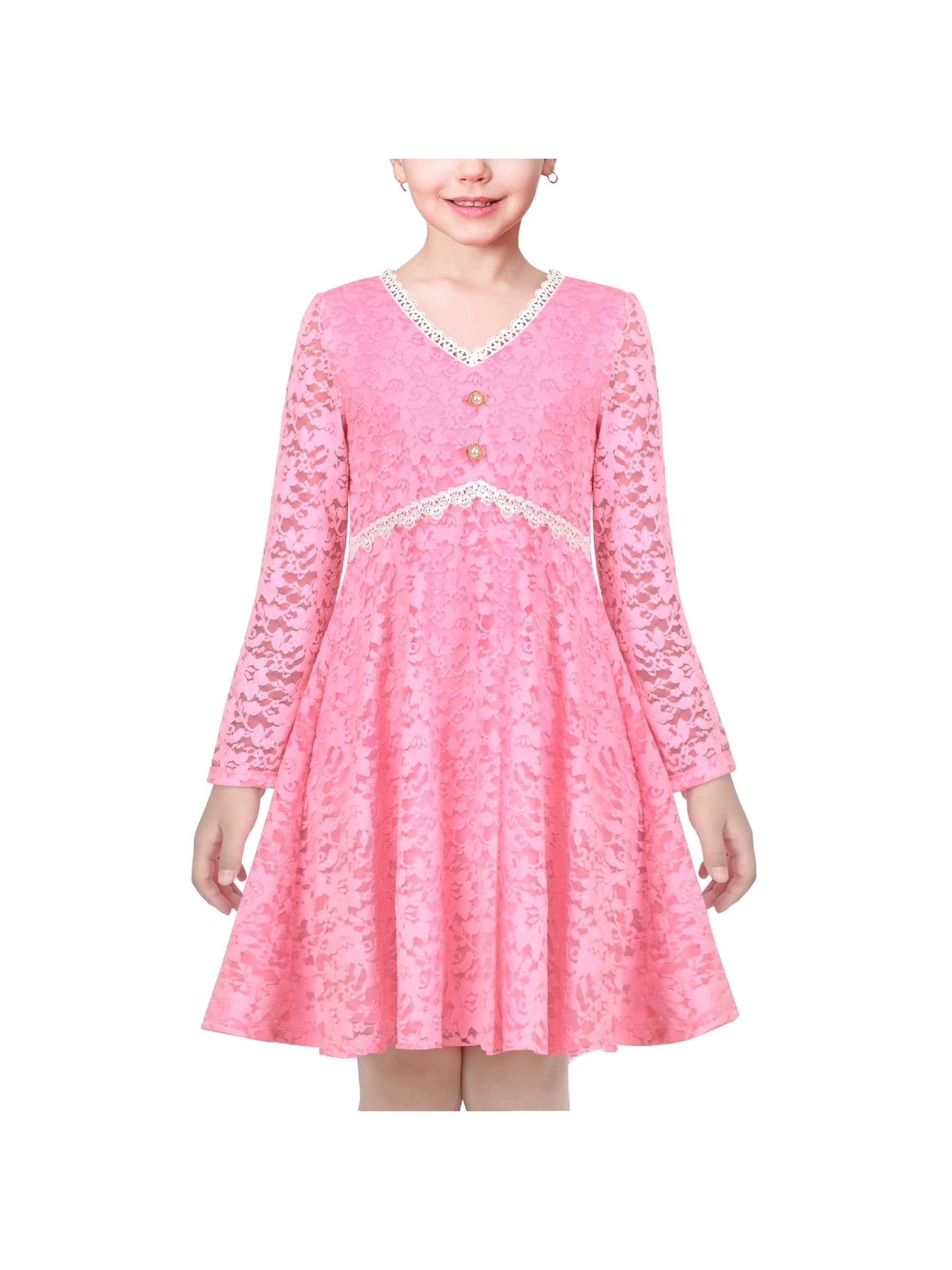 Girls Dress Flower Lace White Collar Skirt Dress Pink