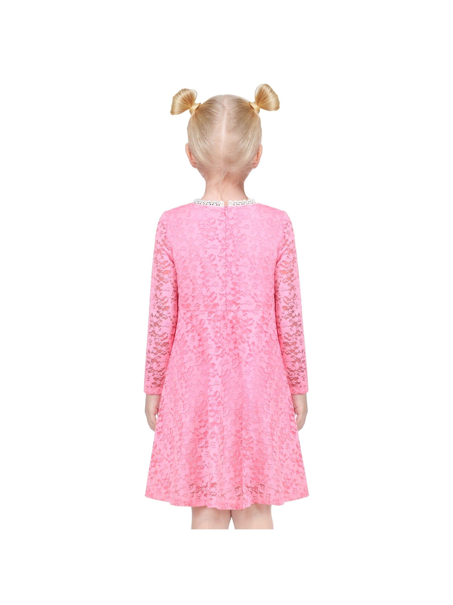 Girls Dress Flower Lace White Collar Skirt Dress Pink