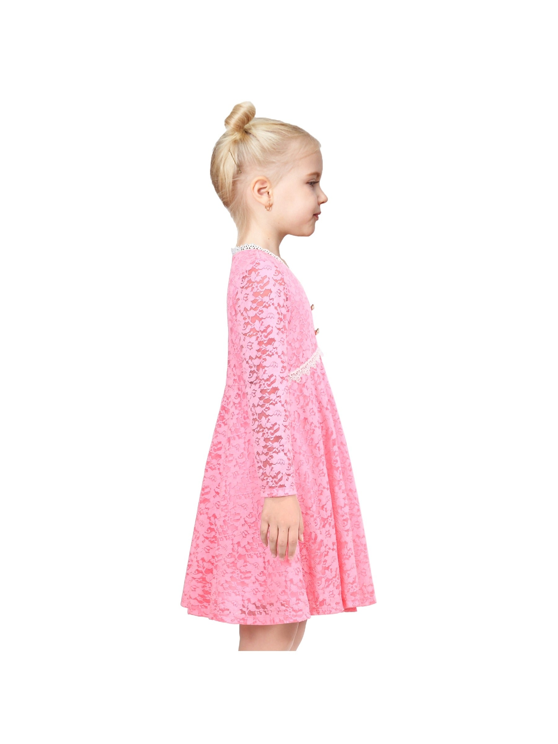 Girls Dress Flower Lace White Collar Skirt Dress Pink
