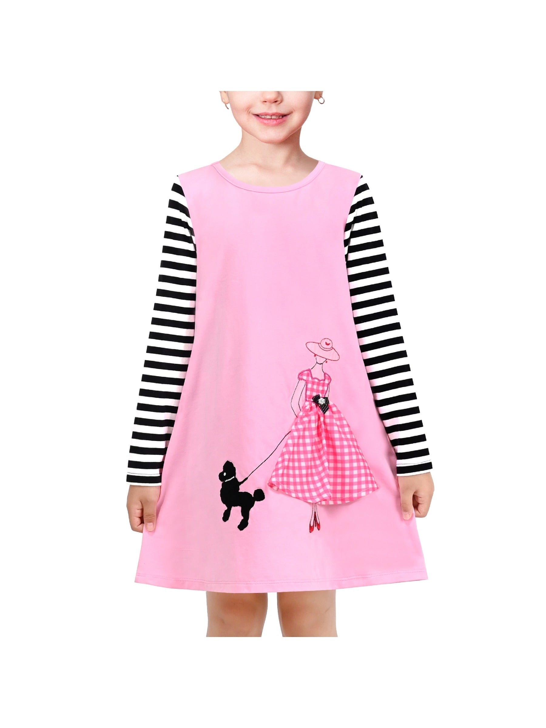 Girls Casual Dress Cotton Long Sleeve Kite Cloud Embroidered Pink