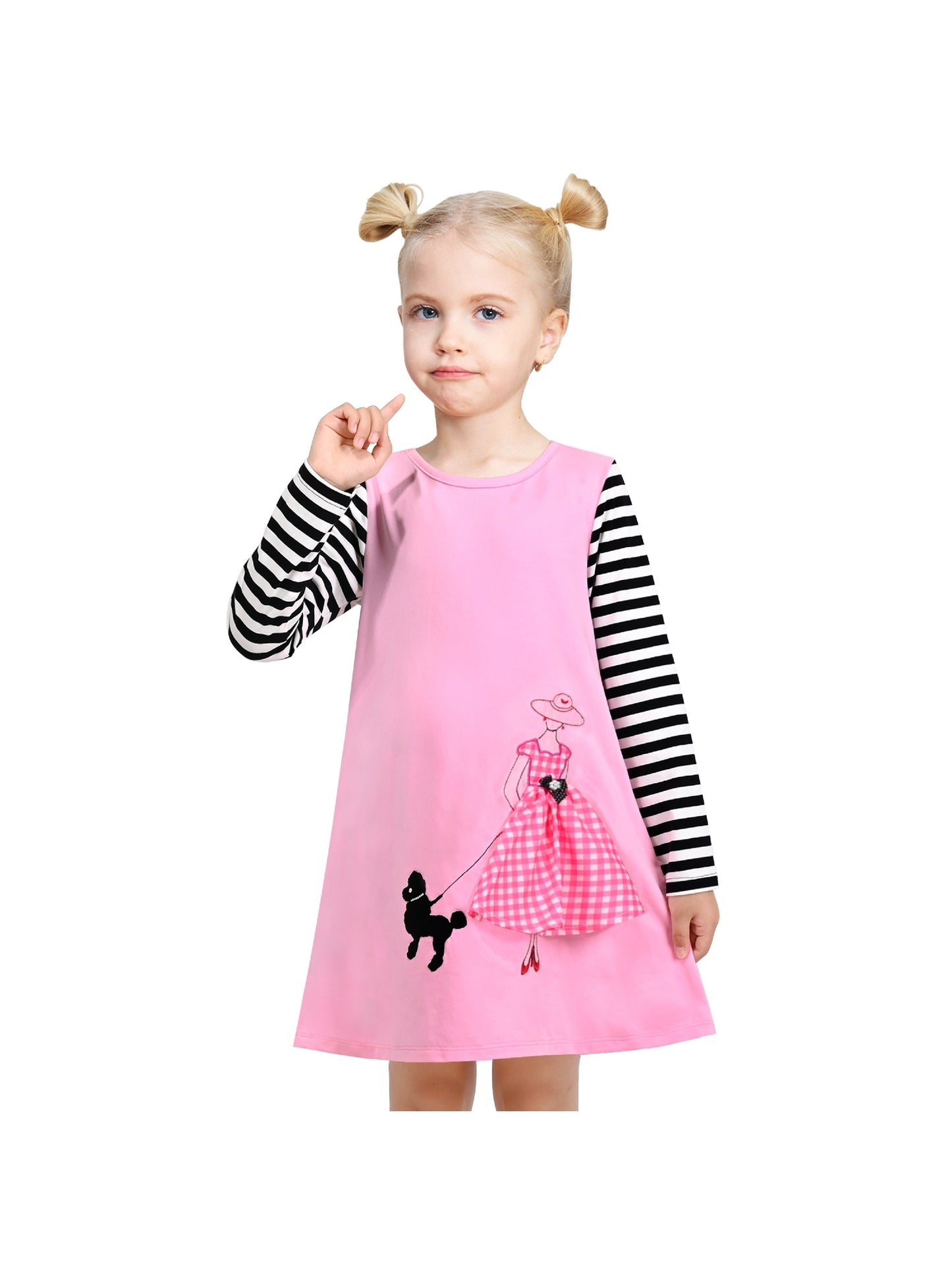 Girls Casual Dress Cotton Long Sleeve Kite Cloud Embroidered Pink