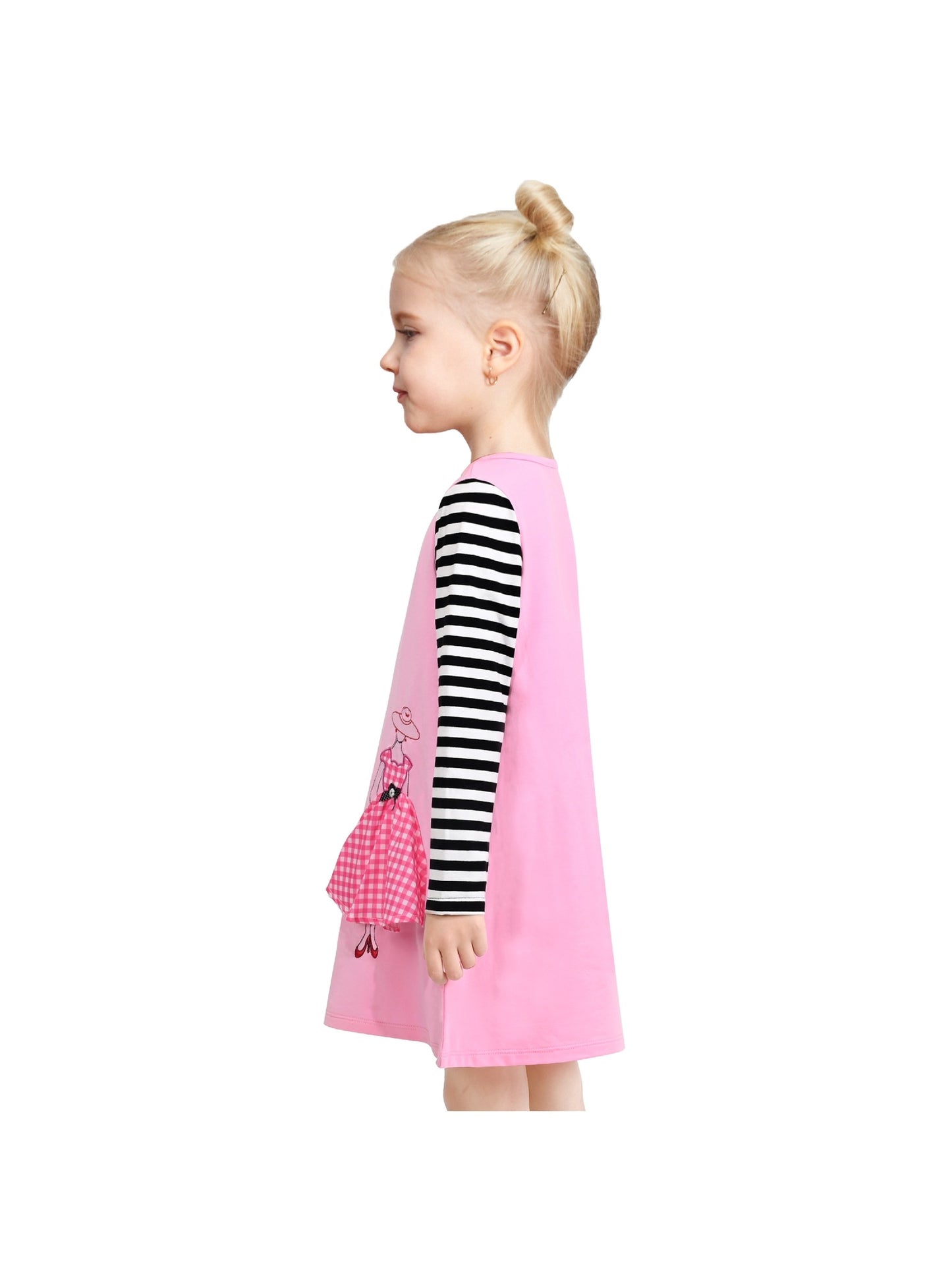 Girls Casual Dress Cotton Long Sleeve Kite Cloud Embroidered Pink