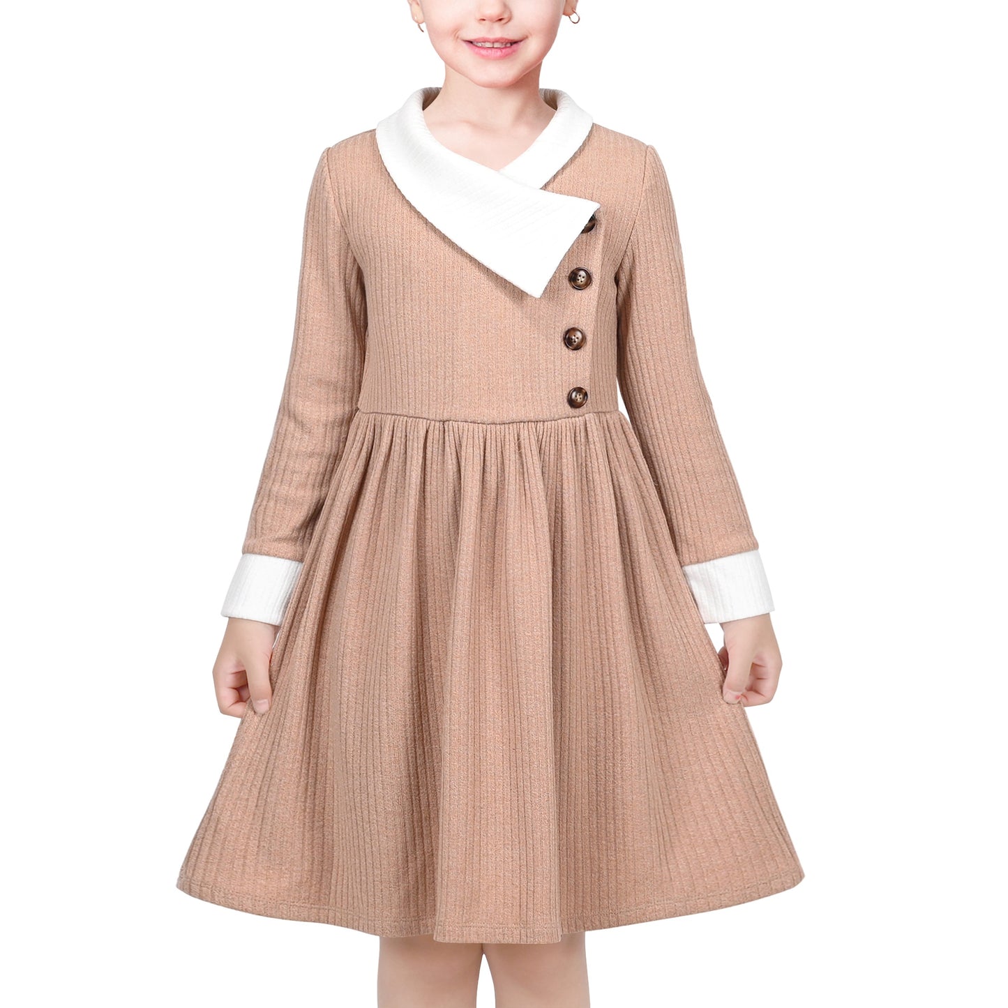 Girls Dress Rose Pink Cable Knit Striped Casual Long Sleeve Cotton Beige