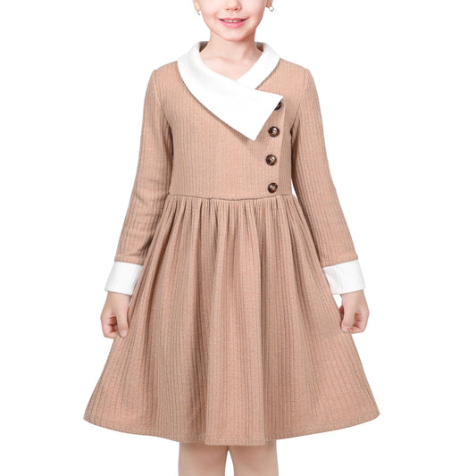 Girls Dress Rose Pink Cable Knit Striped Casual Long Sleeve Cotton Beige