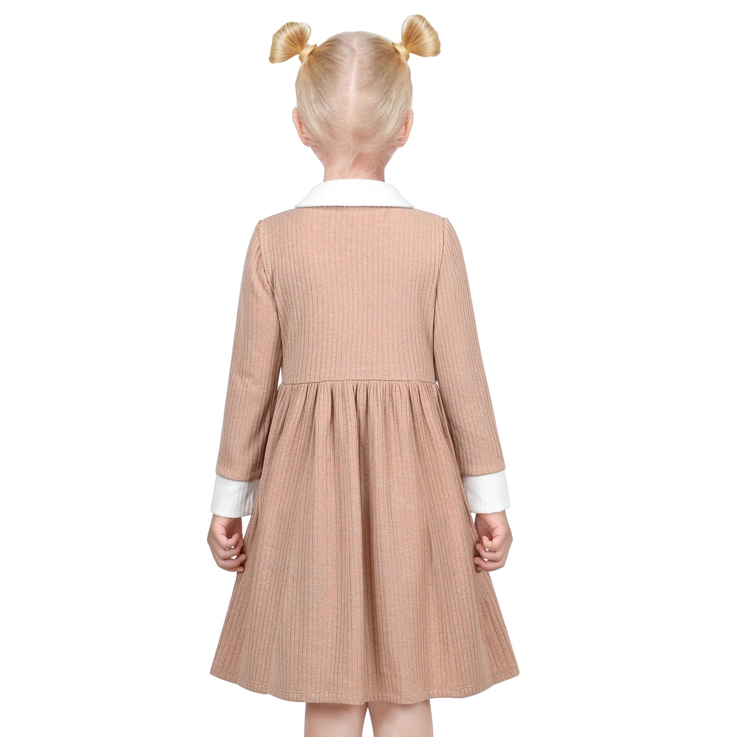 Girls Dress Rose Pink Cable Knit Striped Casual Long Sleeve Cotton Beige