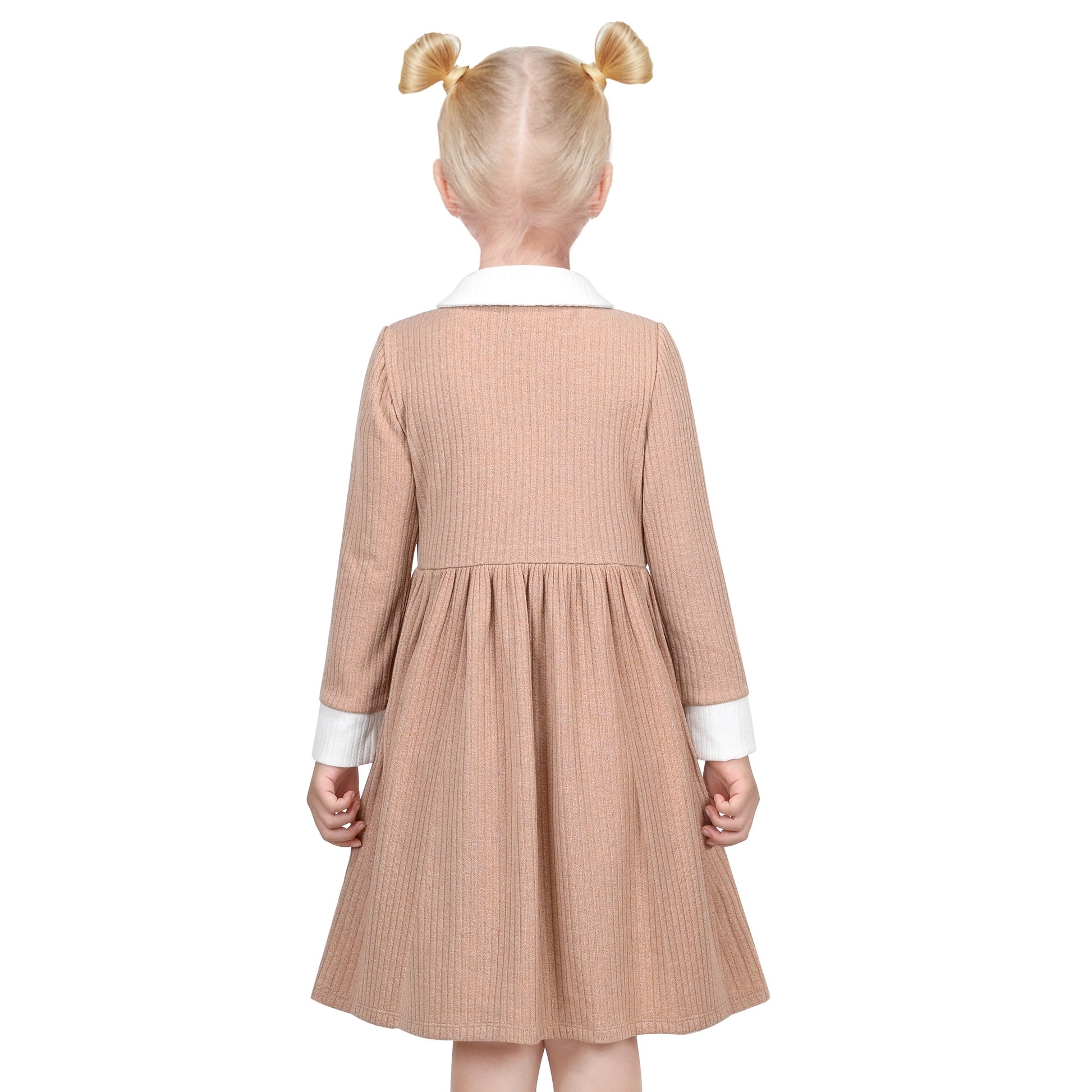 Girls Dress Rose Pink Cable Knit Striped Casual Long Sleeve Cotton Beige