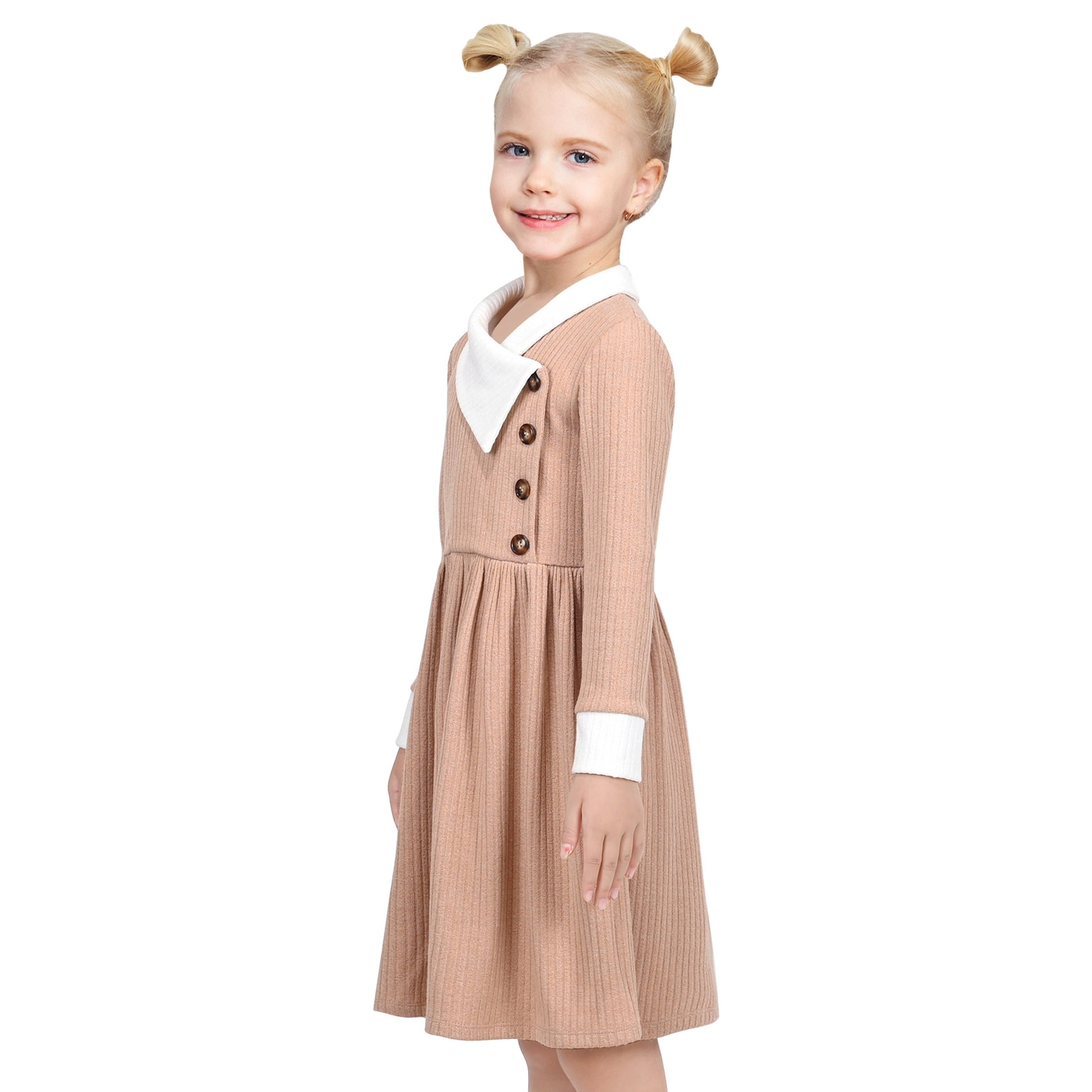 Girls Dress Rose Pink Cable Knit Striped Casual Long Sleeve Cotton Beige