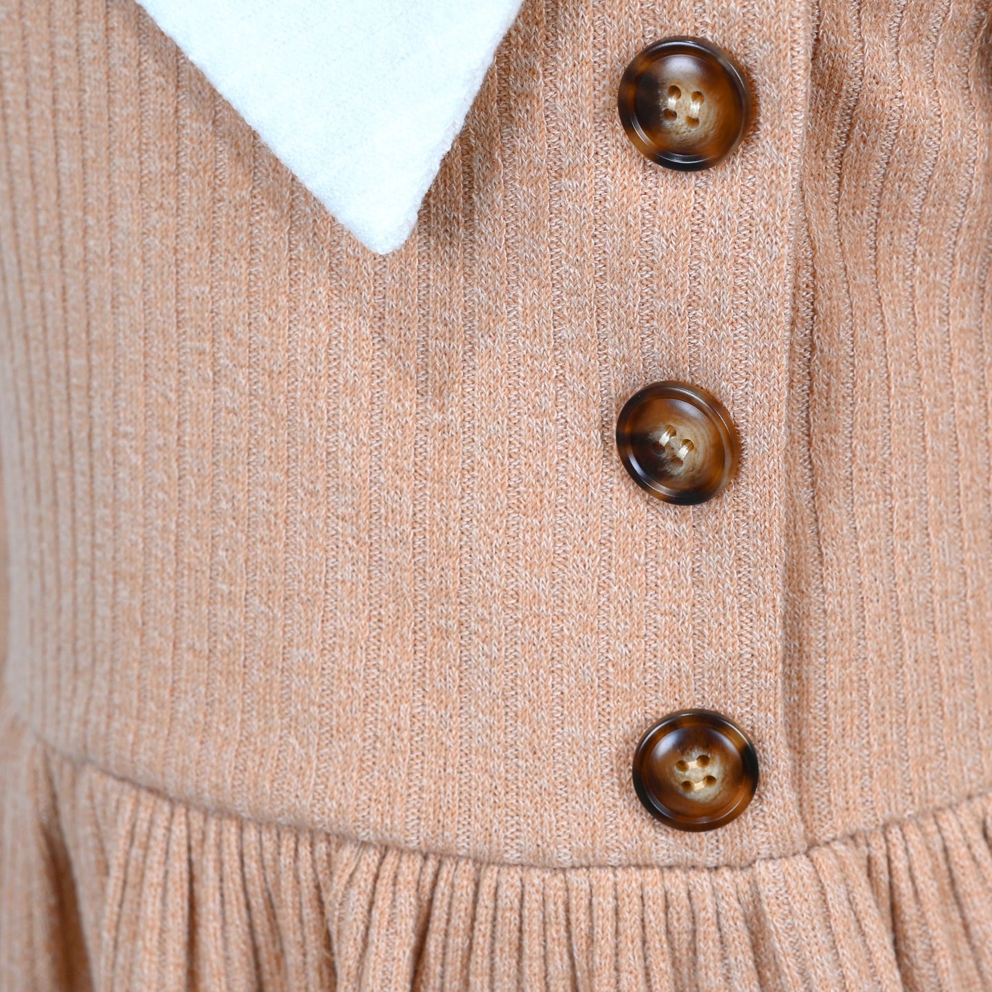 Girls Dress Rose Pink Cable Knit Striped Casual Long Sleeve Cotton Beige