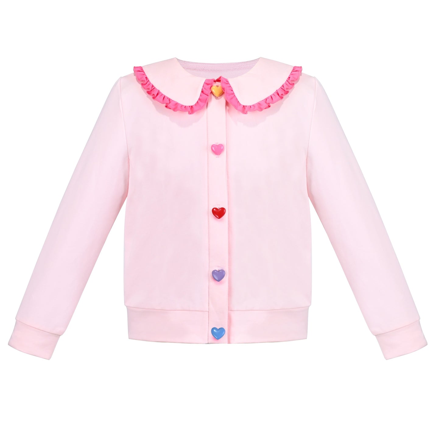 Girls Pink Top Tee Heart Button Ruffle Collar Long Sleeve Casual Pink