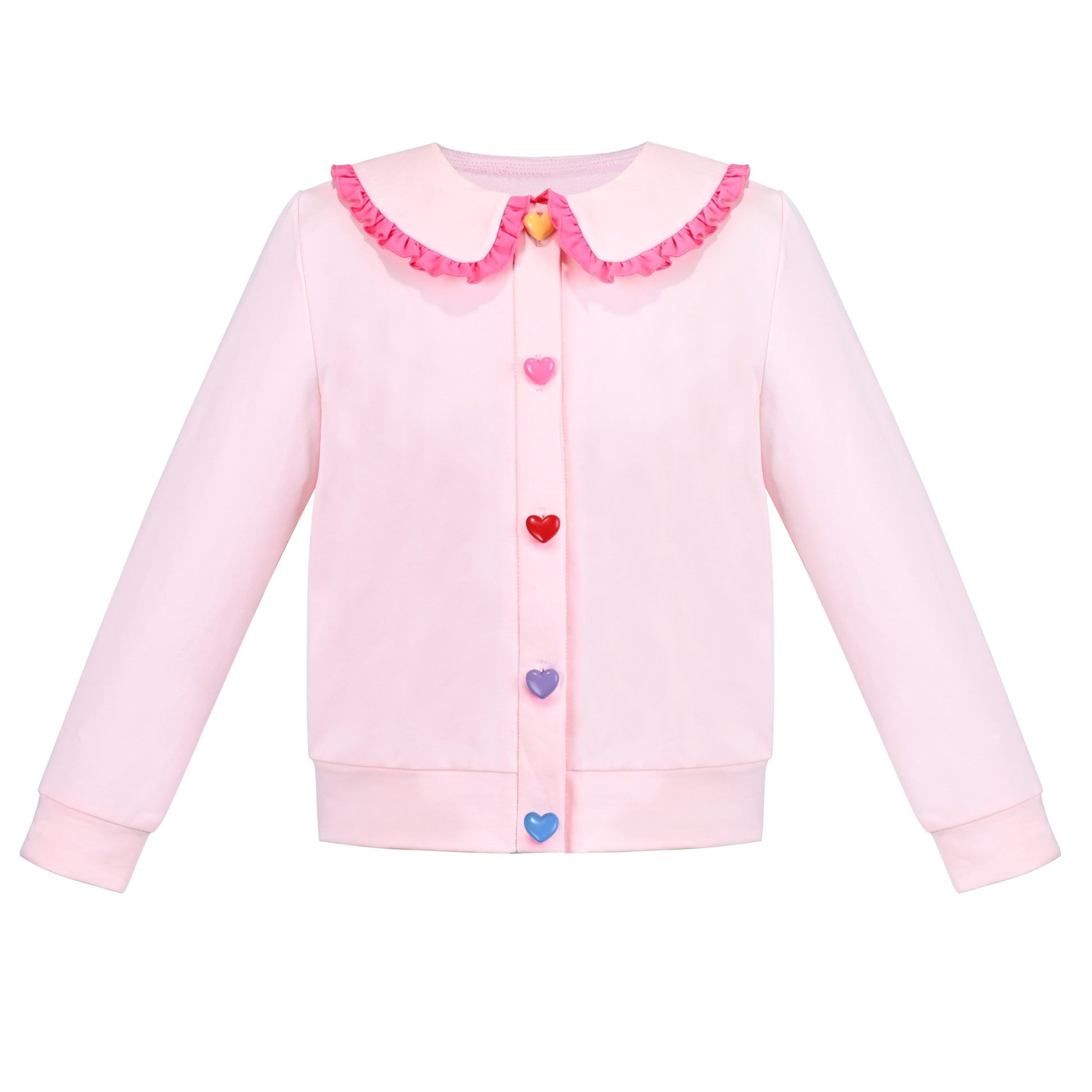 Girls Pink Top Tee Heart Button Ruffle Collar Long Sleeve Casual Pink