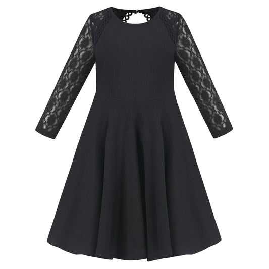 Girls Dress Red Lace Floral Hollow Back Formal Evening Long Sleeve Black