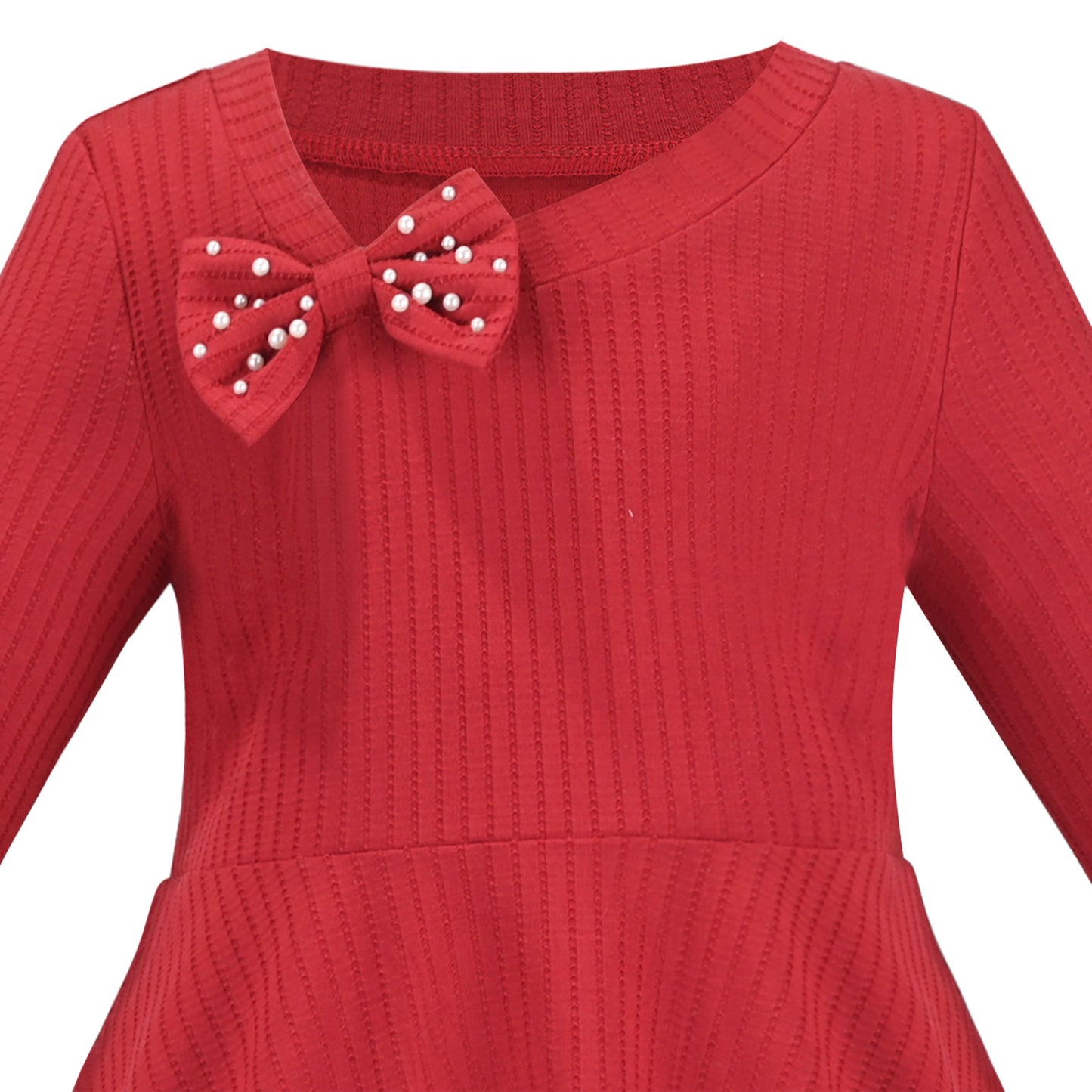 Girls Dress Rose Pink Cable Knit Striped Casual Long Sleeve Cotton Red