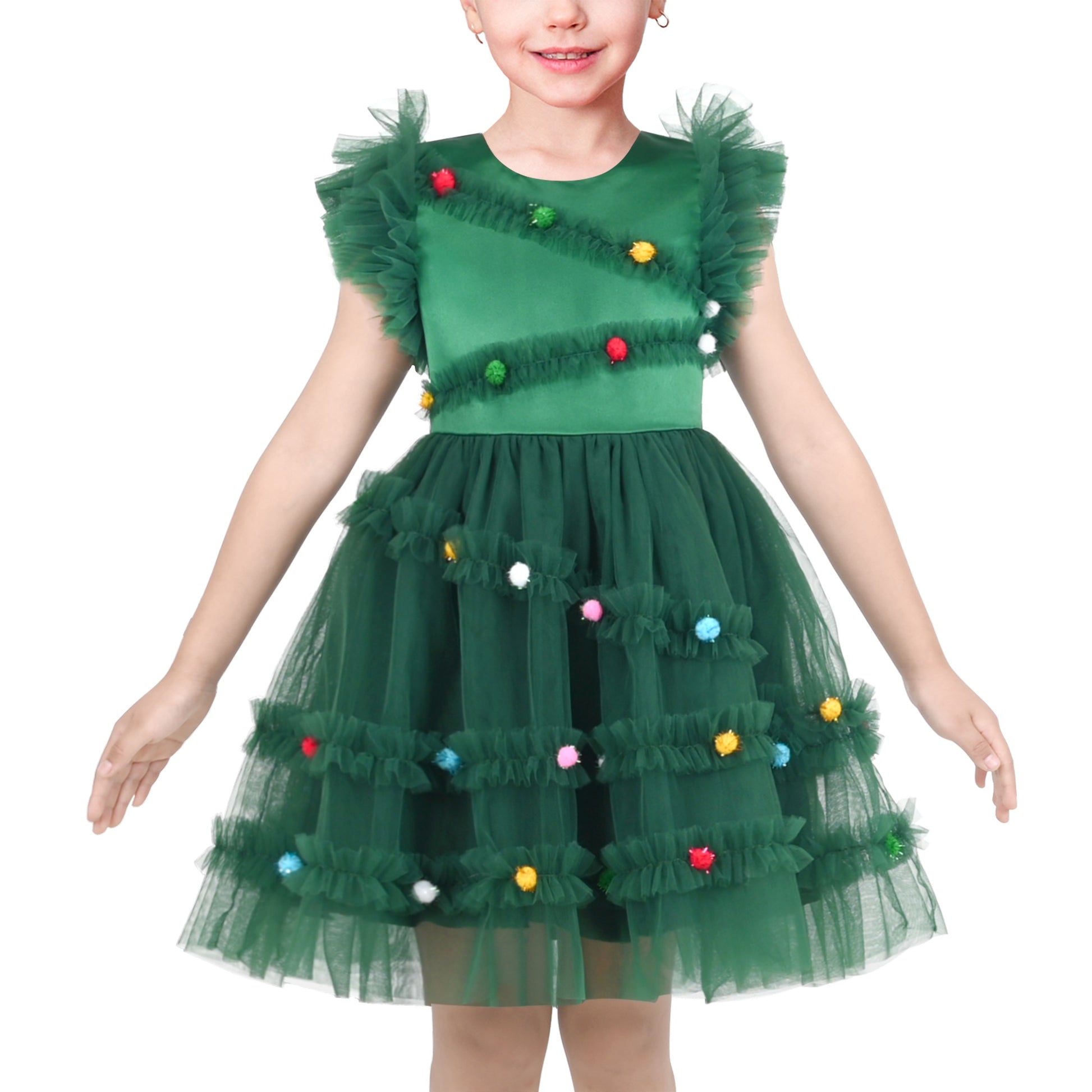 Girls Dress Black Gold Line Shiny Applique Princess Party Flare Sleeve Green